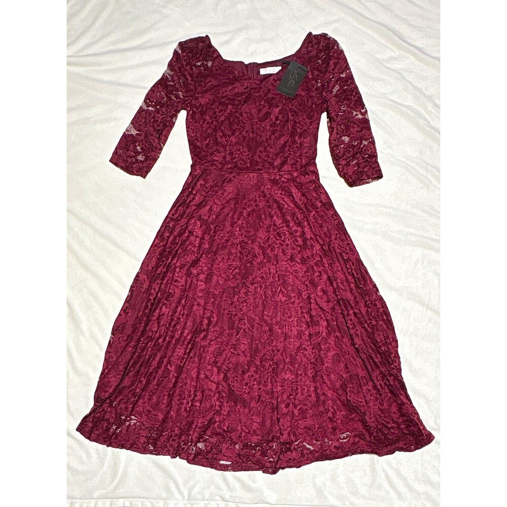 Dressystar Women's S Burgundy Floral Lace Square Neck 3/4 Sleeve A-Line Midi